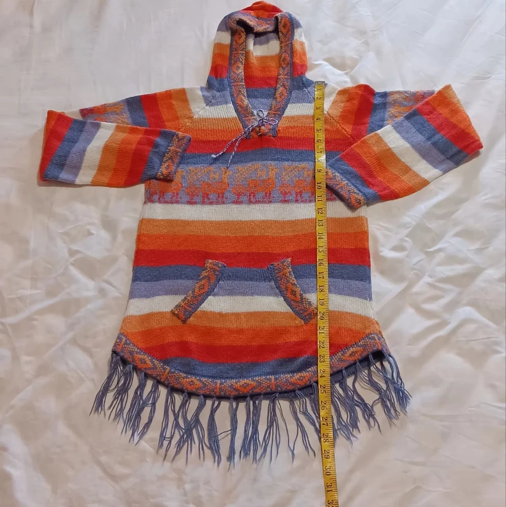 Women Ethnic Aztec Sweater‎ Stripped Rainbow Orange-Purple SzS Hood- Pullover